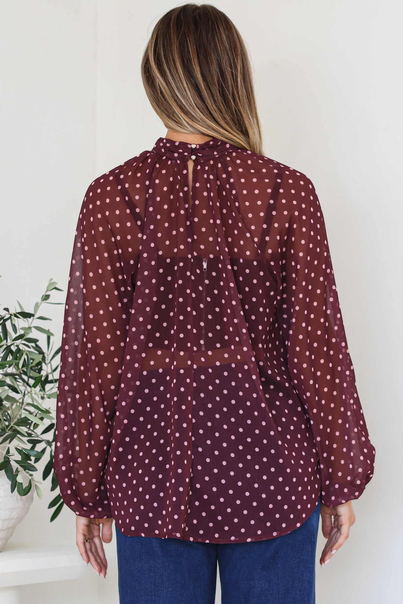 Paramount Blouse - High Collar Balloon Sleeve Sheer Balloon Sleeve Pull Over in Wine Polka Dot