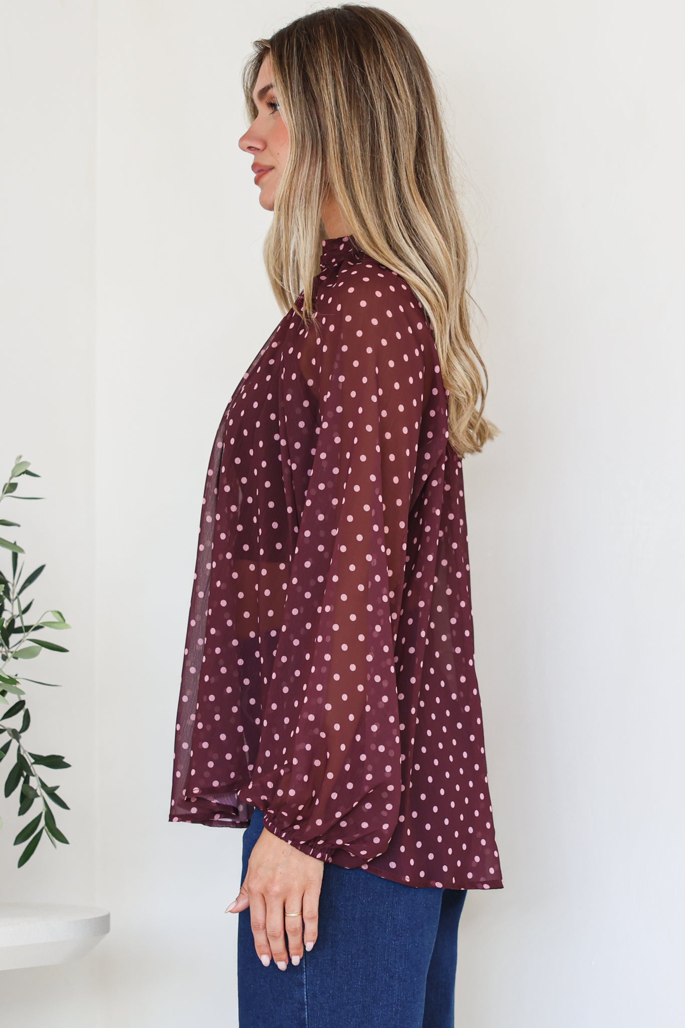 Paramount Blouse - High Collar Balloon Sleeve Sheer Balloon Sleeve Pull Over in Wine Polka Dot