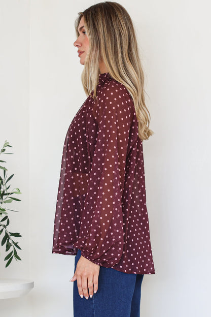 Paramount Blouse - High Collar Balloon Sleeve Sheer Balloon Sleeve Pull Over in Wine Polka Dot