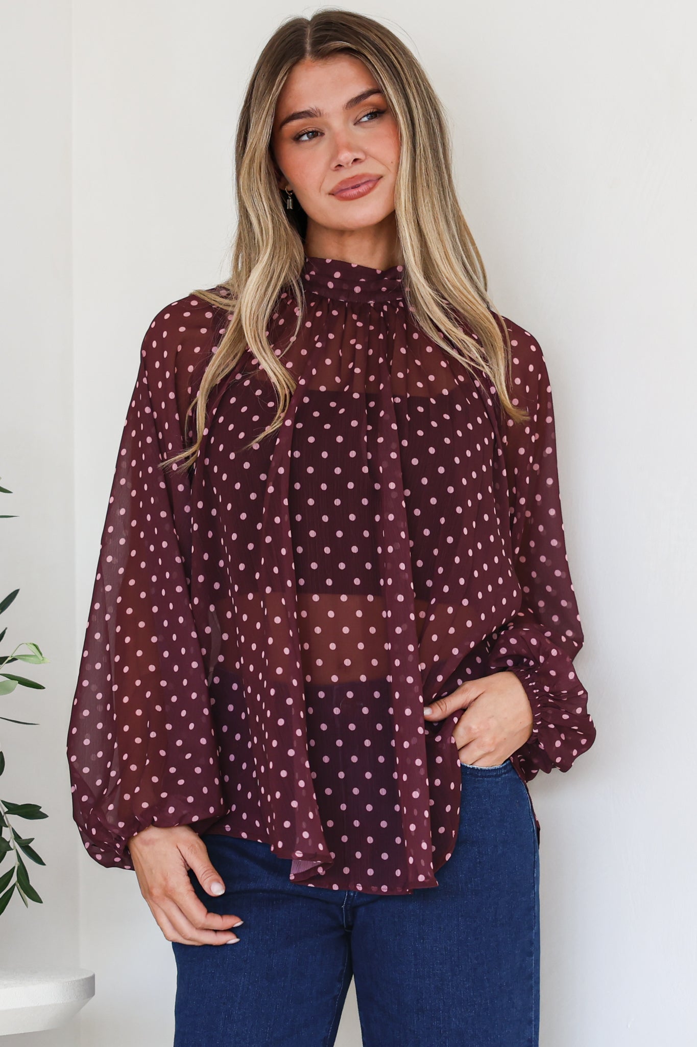 Paramount Blouse - High Collar Balloon Sleeve Sheer Balloon Sleeve Pull Over in Wine Polka Dot