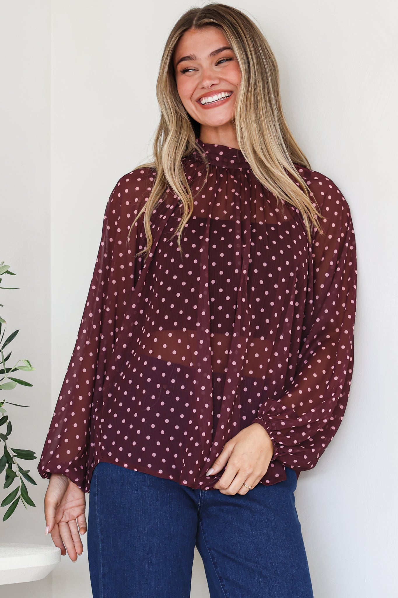Paramount Blouse - High Collar Balloon Sleeve Sheer Balloon Sleeve Pull Over in Wine Polka Dot