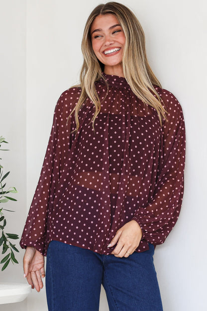 Paramount Blouse - High Collar Balloon Sleeve Sheer Balloon Sleeve Pull Over in Wine Polka Dot