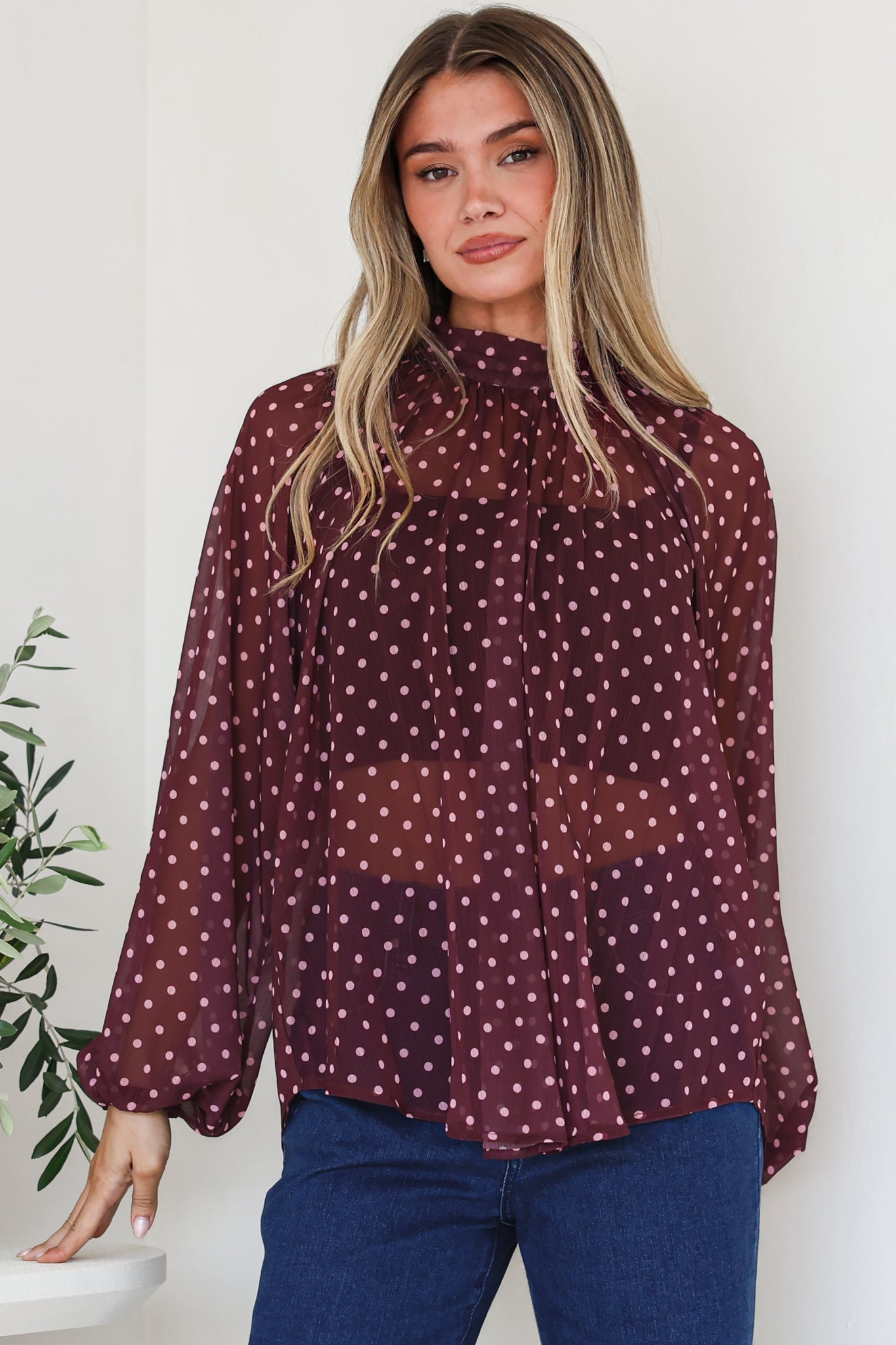 Paramount Blouse - High Collar Balloon Sleeve Sheer Balloon Sleeve Pull Over in Wine Polka Dot