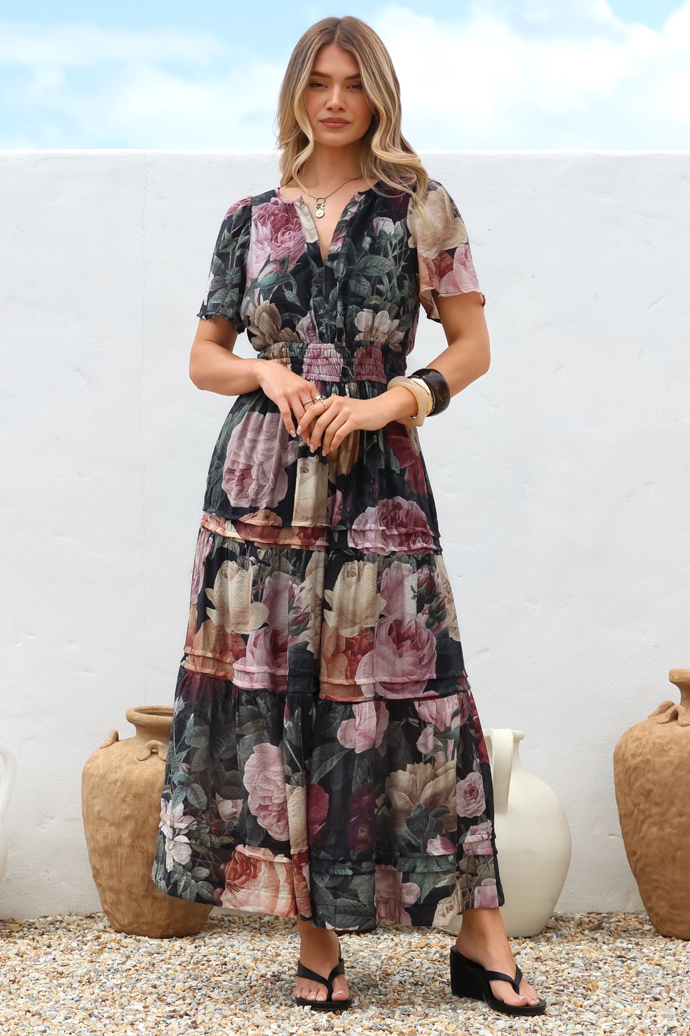 Payton Maxi Dress - Pleat Detailed A-Line Dress with Cap Flutter Sleeves in Annalisa Print