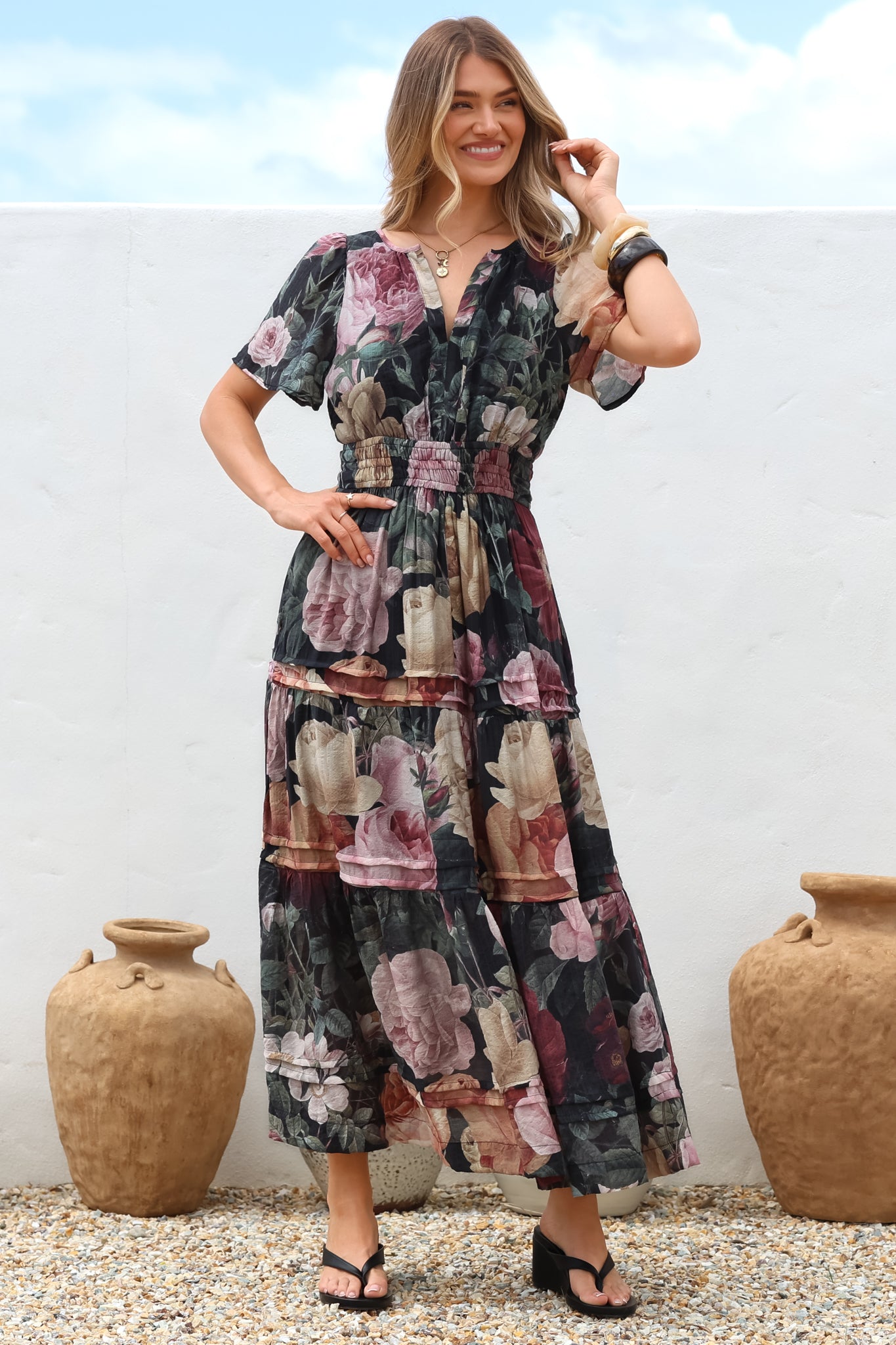 Payton Maxi Dress - Pleat Detailed A-Line Dress with Cap Flutter Sleeves in Annalisa Print