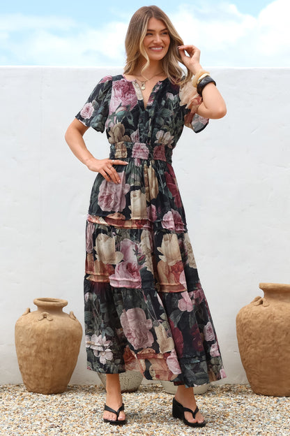 Payton Maxi Dress - Pleat Detailed A-Line Dress with Cap Flutter Sleeves in Annalisa Print