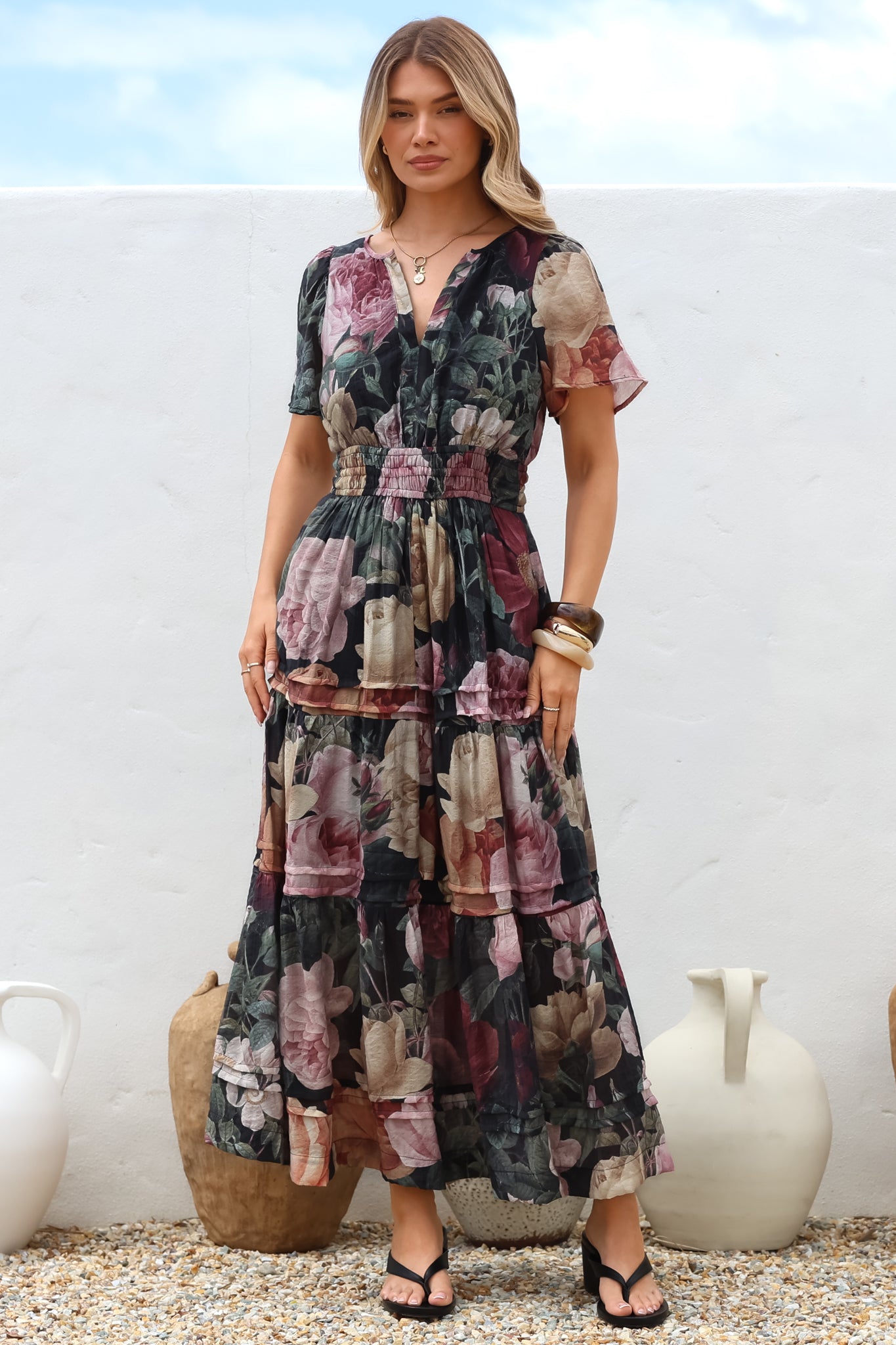 Payton Maxi Dress - Pleat Detailed A-Line Dress with Cap Flutter Sleeves in Annalisa Print