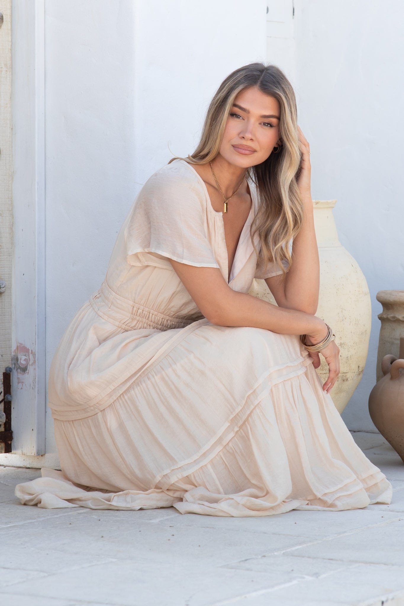 Payton Maxi Dress - Pleat Detailed A-Line Dress with Cap Flutter Sleeves in Beige
