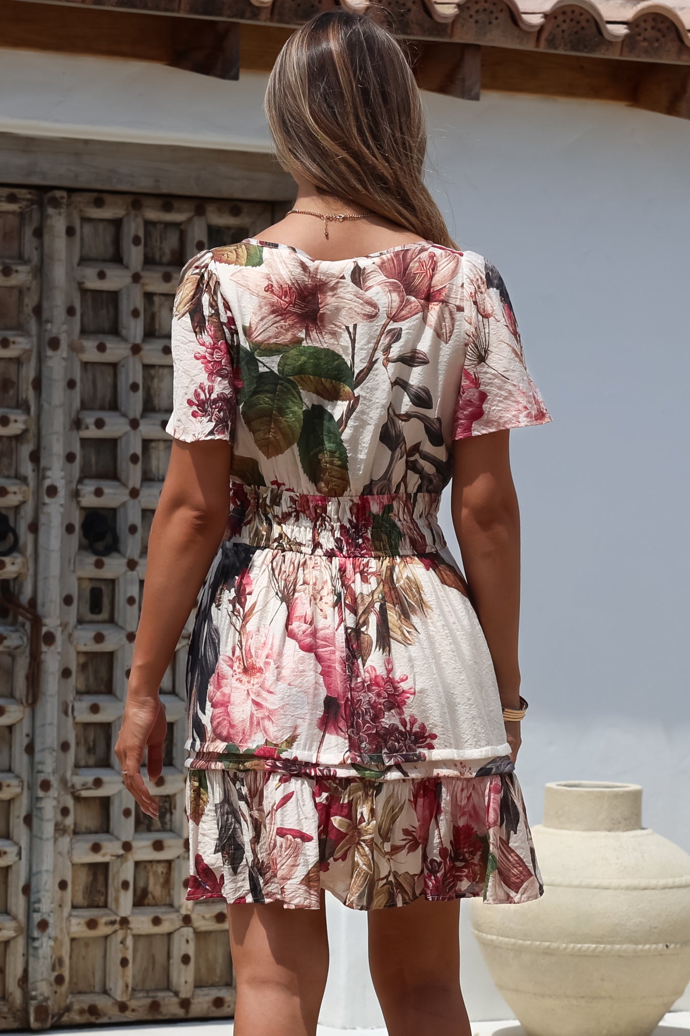 Payton Mini Dress - Pleat Detailed A-Line Dress with Cap Flutter Sleeves in Leonor Print