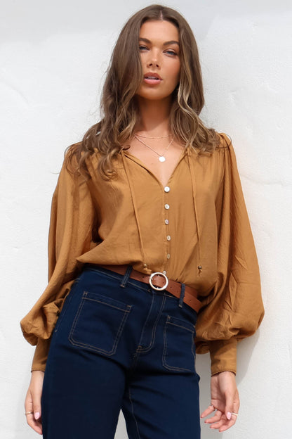 Perrio Blouse - Frill Collar Button Down Balloon Sleeve Shirt in Tan