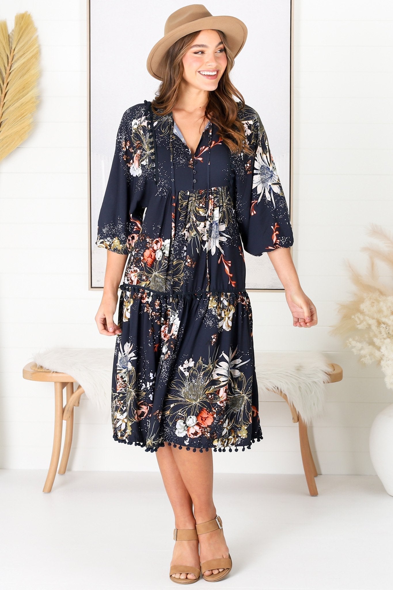 JAASE - Palace Midi Dress: Pom Pom Spliced Batwing Sleeve Dress with Neck Tie in Indigo Print