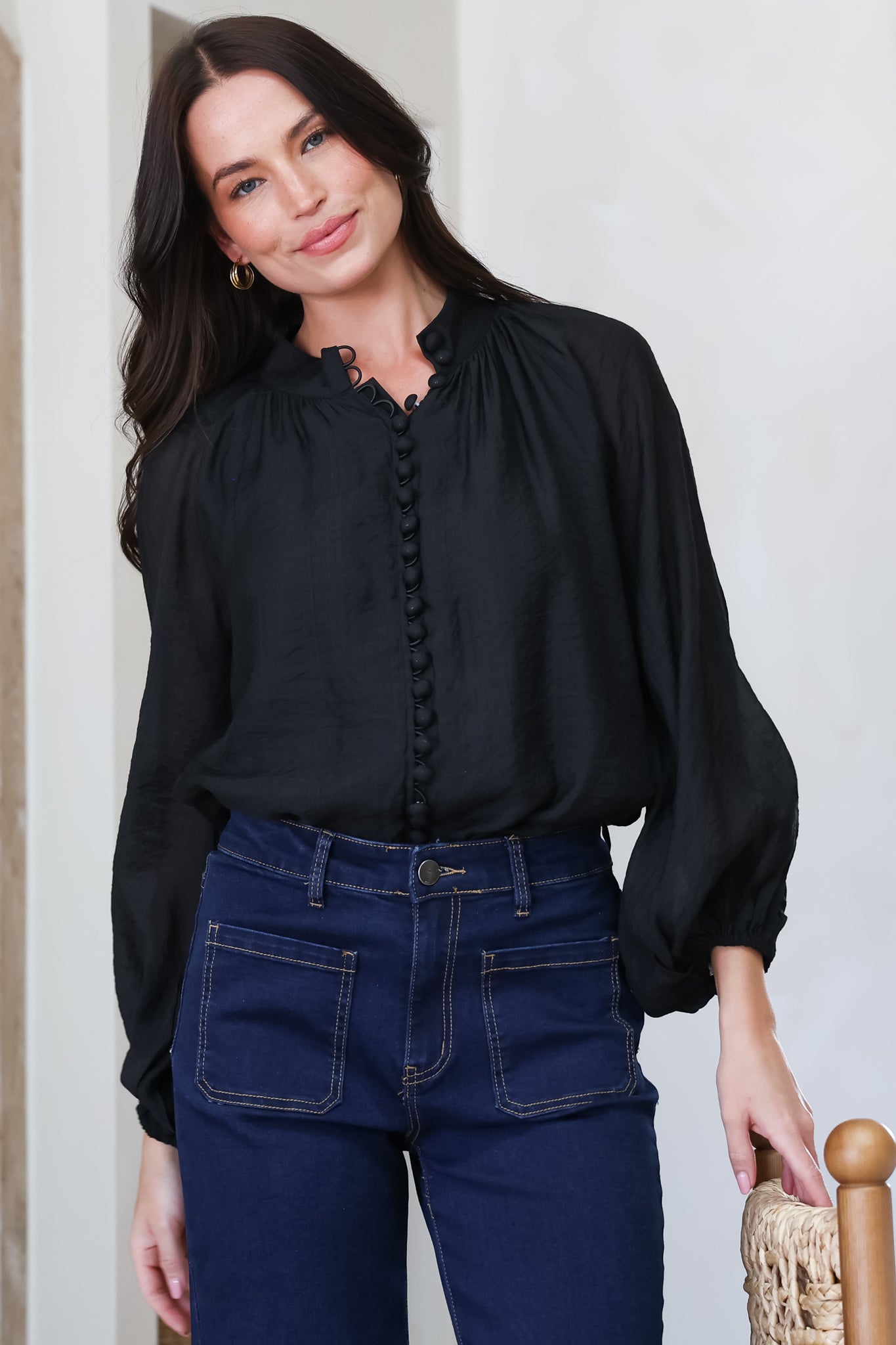 Portia Blouse - Button Down Mandarin Collar Shirt in Black