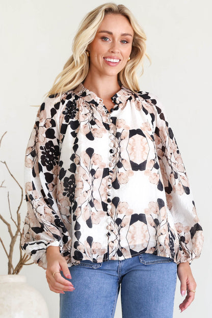 Portia Blouse - Button Down Mandarin Collar Shirt in Calea Print Beige