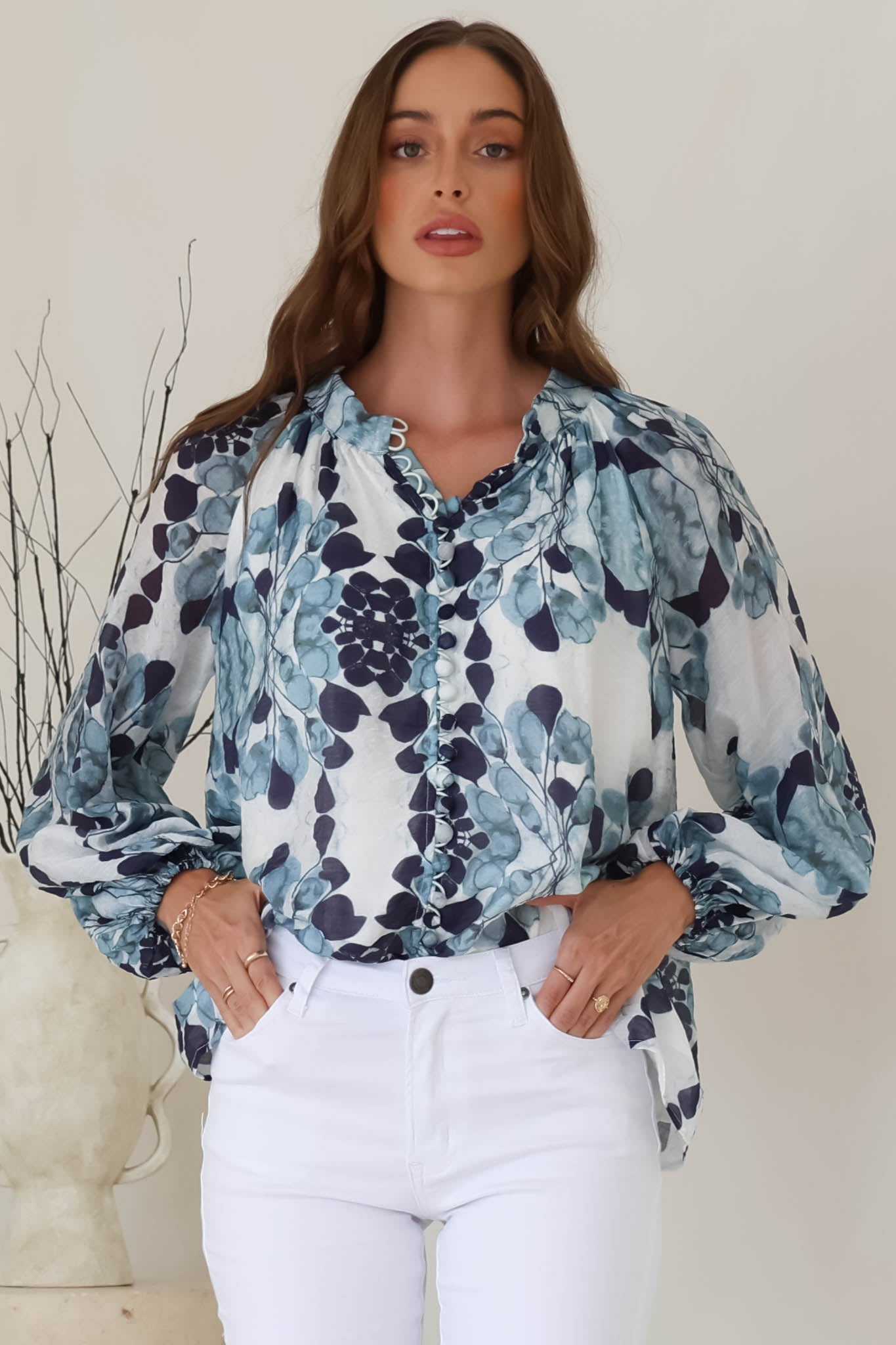 Portia Blouse - Button Down Mandarin Collar Shirt in Calea Print Blue