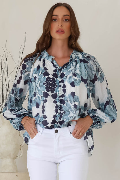 Portia Blouse - Button Down Mandarin Collar Shirt in Calea Print Blue