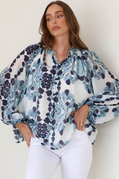 Portia Blouse - Button Down Mandarin Collar Shirt in Calea Print Blue