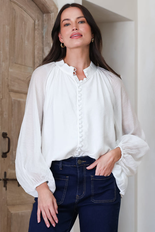 Portia Blouse - Button Down Mandarin Collar Shirt in Cream