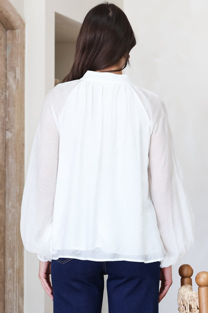 Portia Blouse - Button Down Mandarin Collar Shirt in Cream