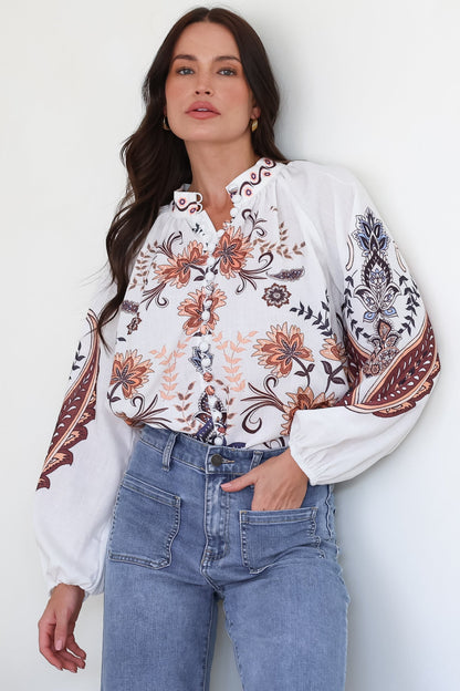 Portia Blouse - Button Down Mandarin Collar Shirt in Magah Print