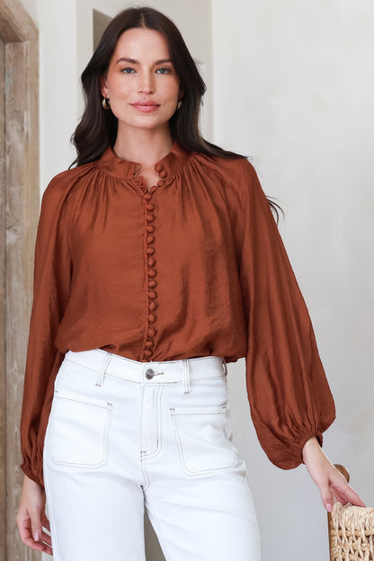 Portia Blouse - Button Down Mandarin Collar Shirt in Rust