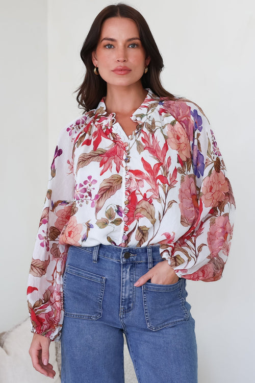 Portia Blouse - Button Down Mandarin Collar Shirt in Windward Print