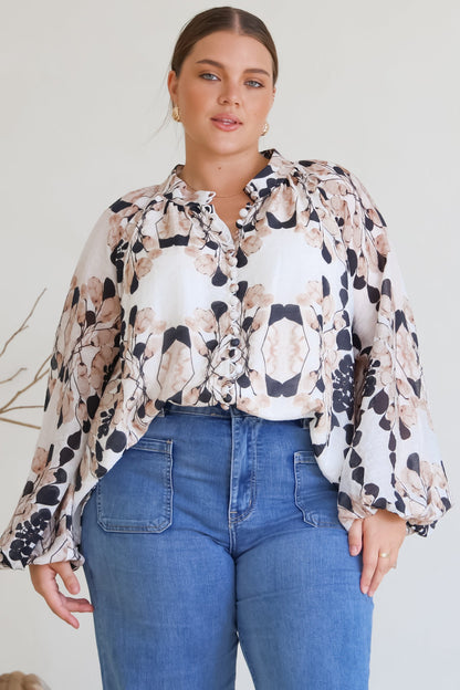 Portia Blouse - Button Down Mandarin Collar Shirt in Calea Print Beige