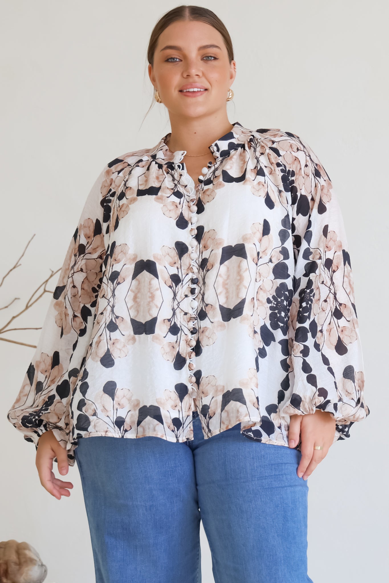 Portia Blouse - Button Down Mandarin Collar Shirt in Calea Print Beige