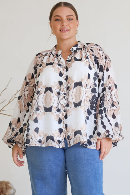 Portia Blouse - Button Down Mandarin Collar Shirt in Calea Print Beige