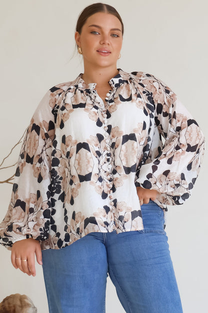 Portia Blouse - Button Down Mandarin Collar Shirt in Calea Print Beige