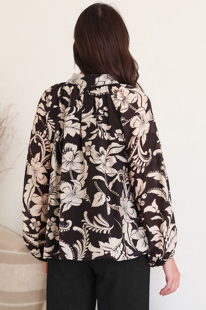 Portia Blouse - Button Down Mandarin Collar Shirt in Vendetta Print
