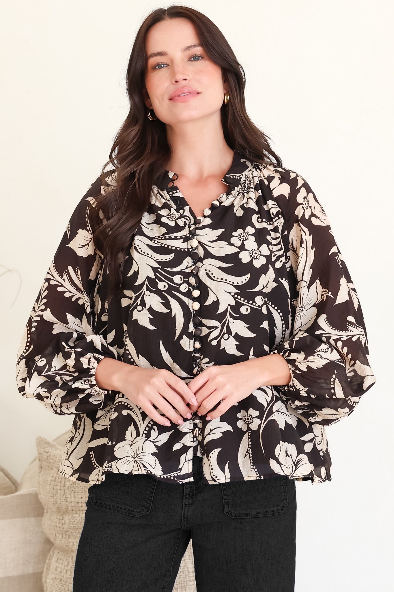 Portia Blouse - Button Down Mandarin Collar Shirt in Vendetta Print