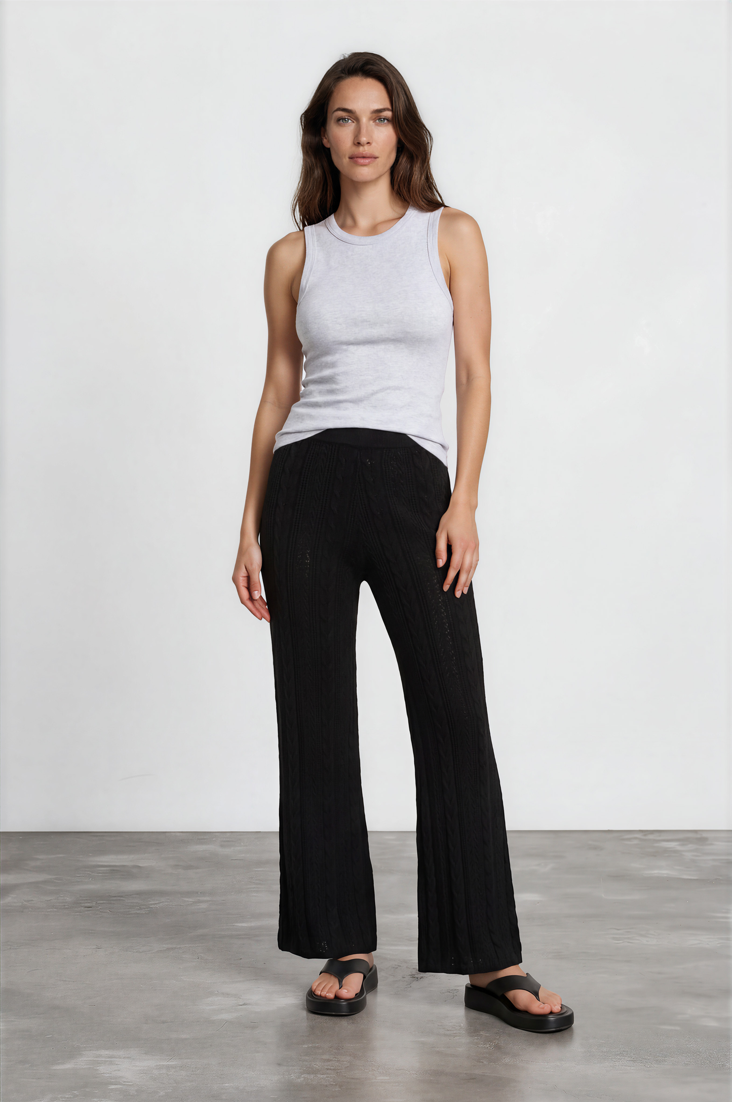Ravio Knit Pants - High Waisted Cable Knit Flared Pants in Black