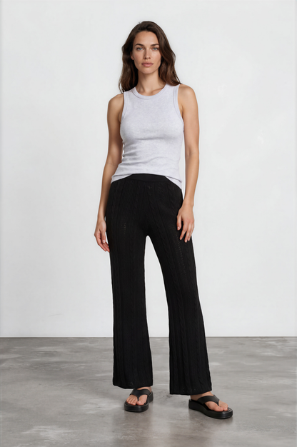 Ravio Knit Pants - High Waisted Cable Knit Flared Pants in Black