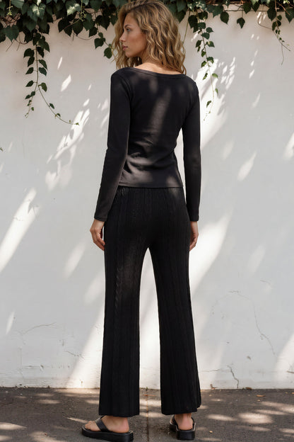 Ravio Knit Pants - High Waisted Cable Knit Flared Pants in Black