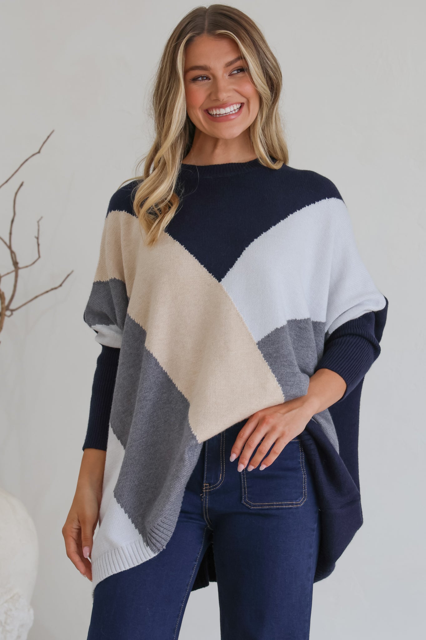 Reed Jumper - Colour Block Batwing Long Sleeve Knit in Navy