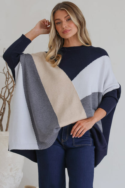 Reed Jumper - Colour Block Batwing Long Sleeve Knit in Navy