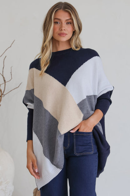 Reed Jumper - Colour Block Batwing Long Sleeve Knit in Navy