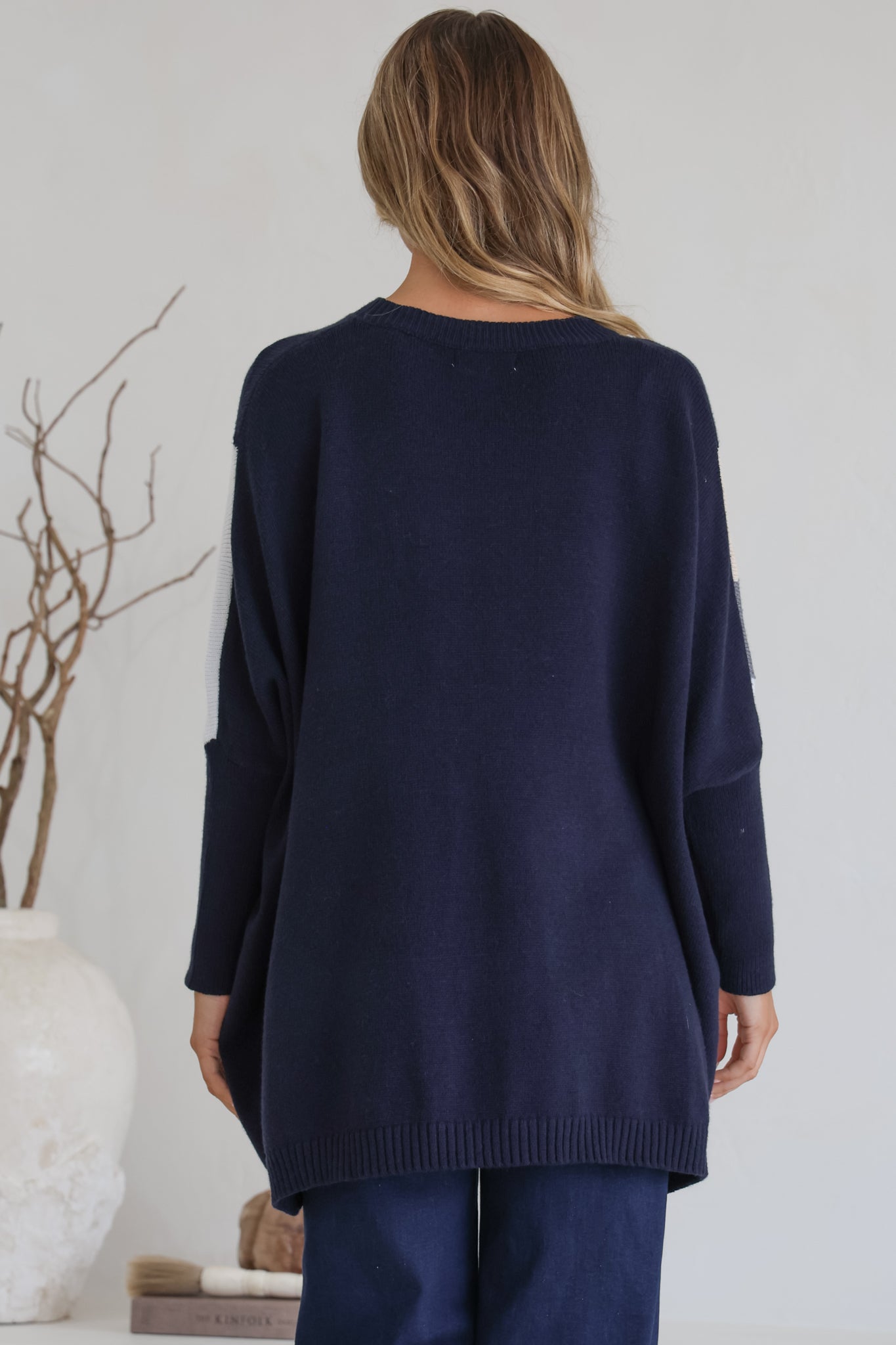 Reed Jumper - Colour Block Batwing Long Sleeve Knit in Navy