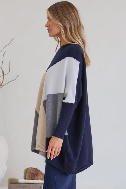 Reed Jumper - Colour Block Batwing Long Sleeve Knit in Navy