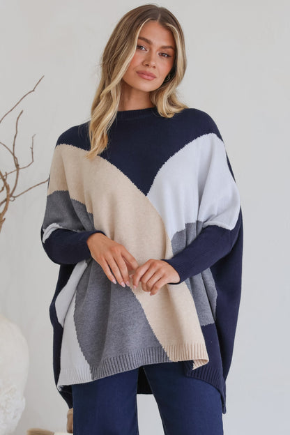 Reed Jumper - Colour Block Batwing Long Sleeve Knit in Navy