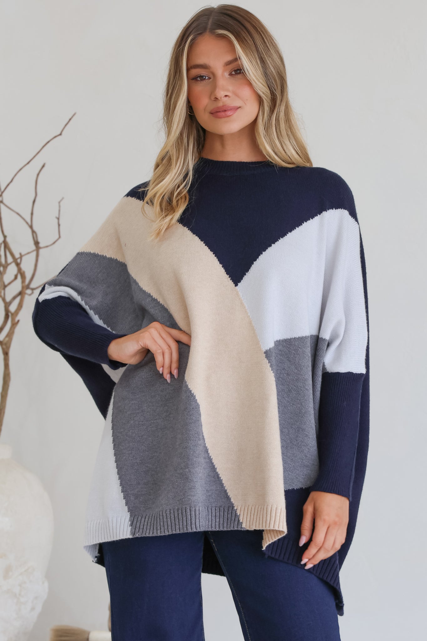 Reed Jumper - Colour Block Batwing Long Sleeve Knit in Navy