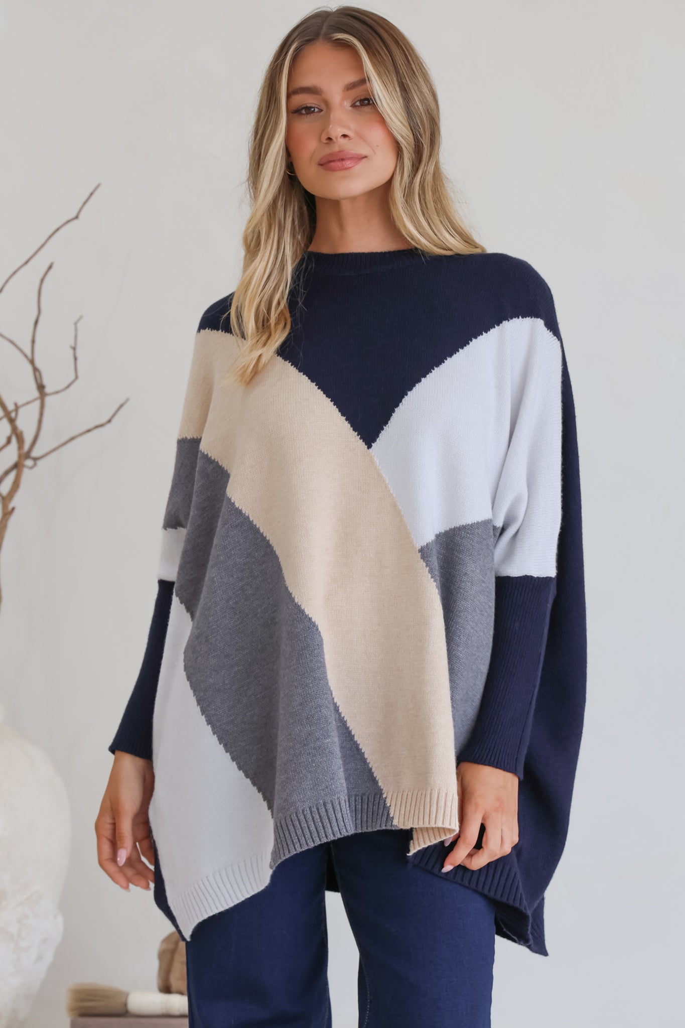 Reed Jumper - Colour Block Batwing Long Sleeve Knit in Navy