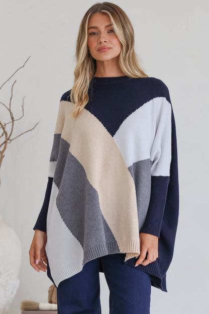 Reed Jumper - Colour Block Batwing Long Sleeve Knit in Navy
