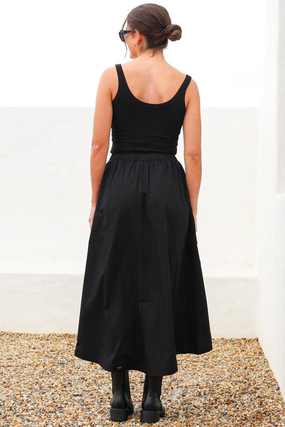 Renny Midi Skirt - High Waisted High-Low Cotton Skirt with Elasticated Waistband in Black