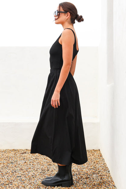 Renny Midi Skirt - High Waisted High-Low Cotton Skirt with Elasticated Waistband in Black