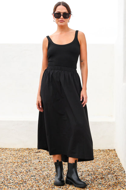 Renny Midi Skirt - High Waisted High-Low Cotton Skirt with Elasticated Waistband in Black