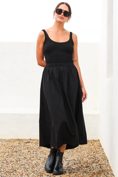 Renny Midi Skirt - High Waisted High-Low Cotton Skirt with Elasticated Waistband in Black