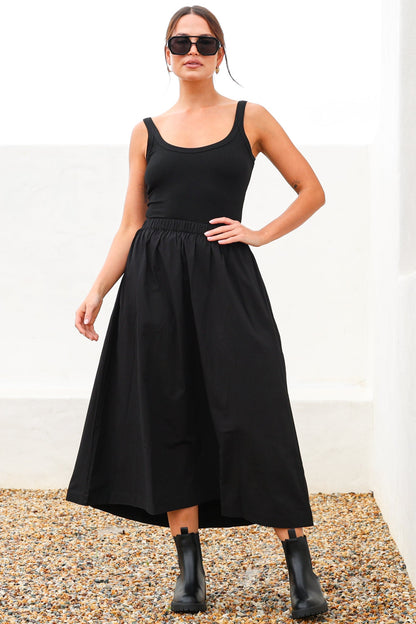 Renny Midi Skirt - High Waisted High-Low Cotton Skirt with Elasticated Waistband in Black