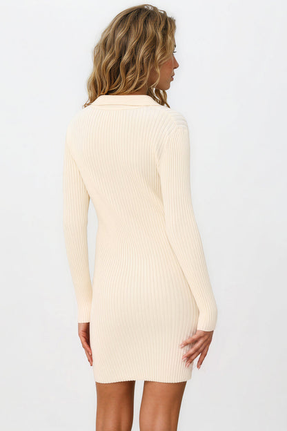 Rhode Mini Dress - Wing Collar Ribbed V Neck Knit Dress in Cream