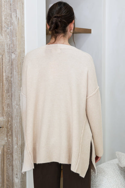 Ridge Jumper - V Neck Relaxed Shark Bite Ribbed Hemline Knit in Oatmeal